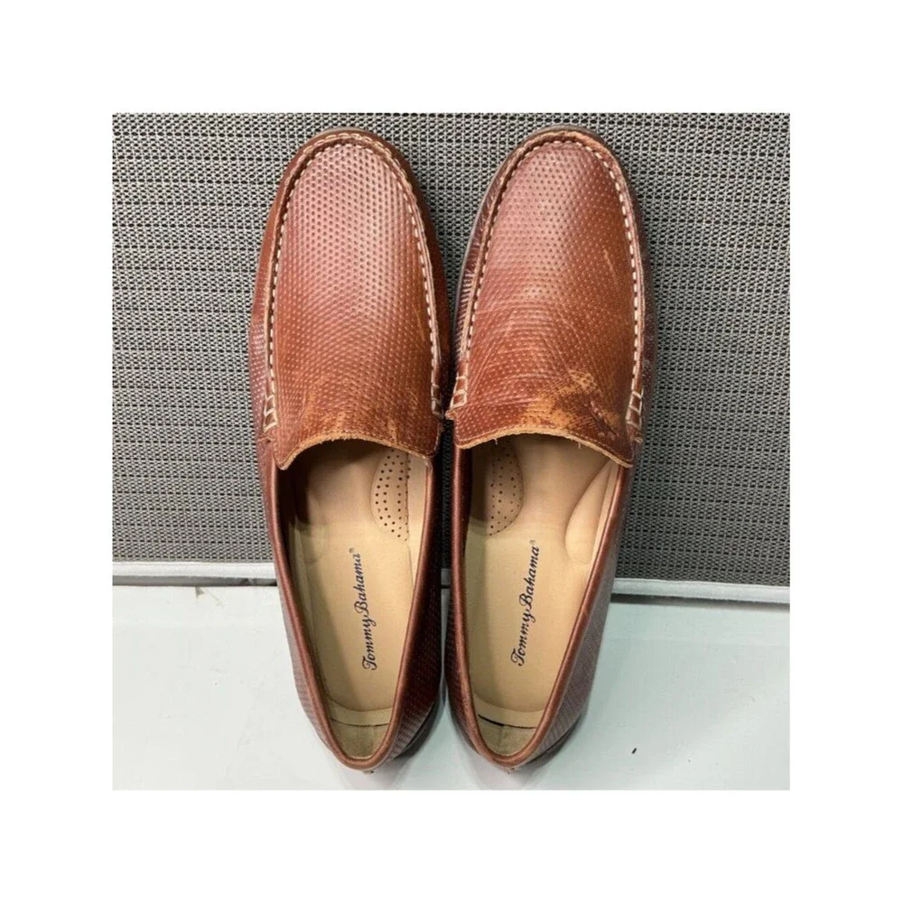 Tommy Bahama Men's Brown Perforated Leather Loafers Size 9.5W Made In India